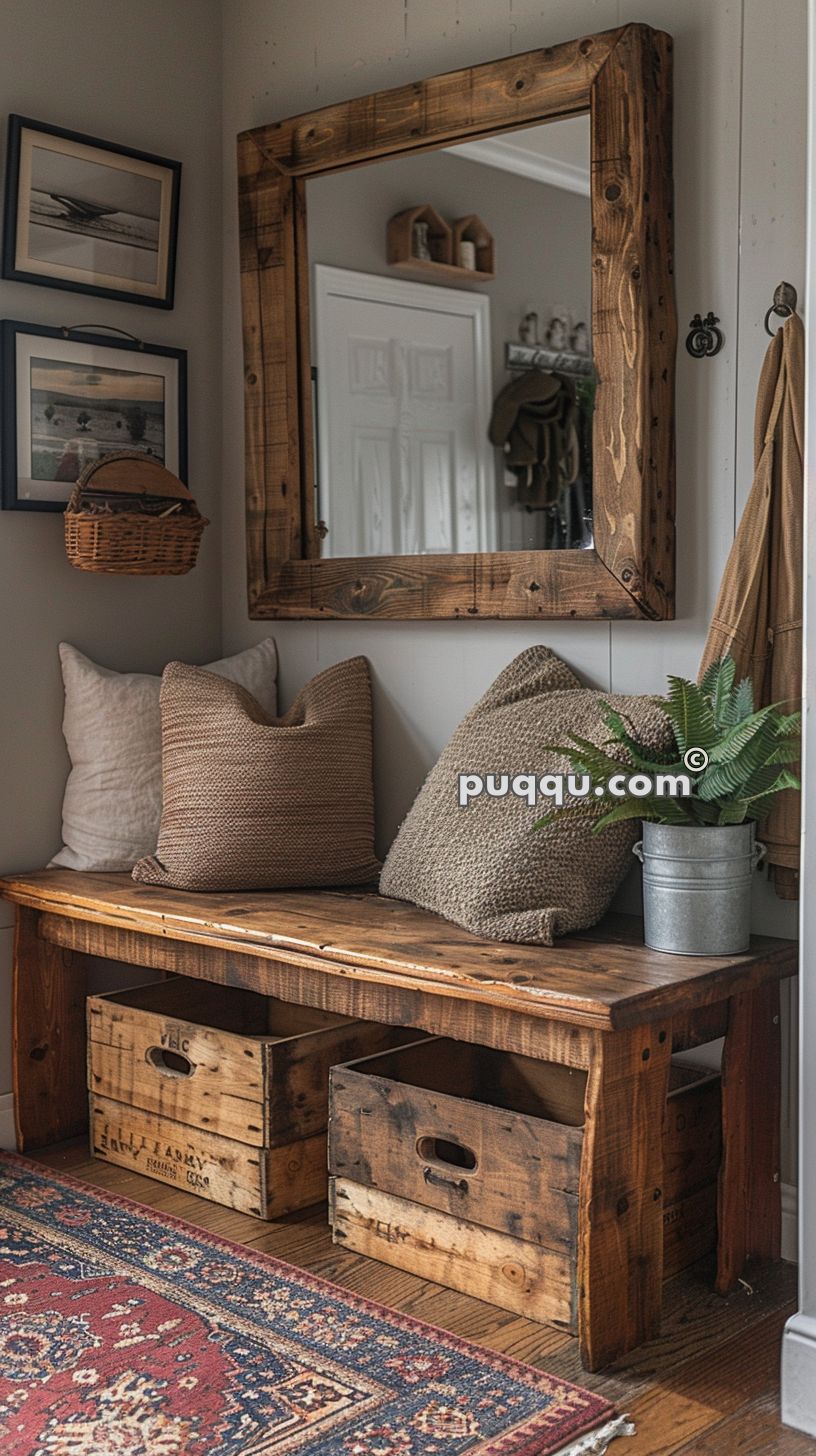 Cozy entryway with rustic wooden bench, large framed mirror, decorative pillows, wicker basket, framed pictures, and wooden storage crates underneath.
