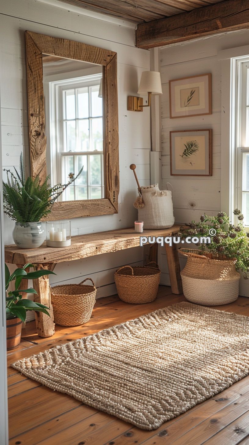 Rustic entryway with a wooden bench, large framed mirror, woven baskets, plants, and botanical artwork on white paneled walls.