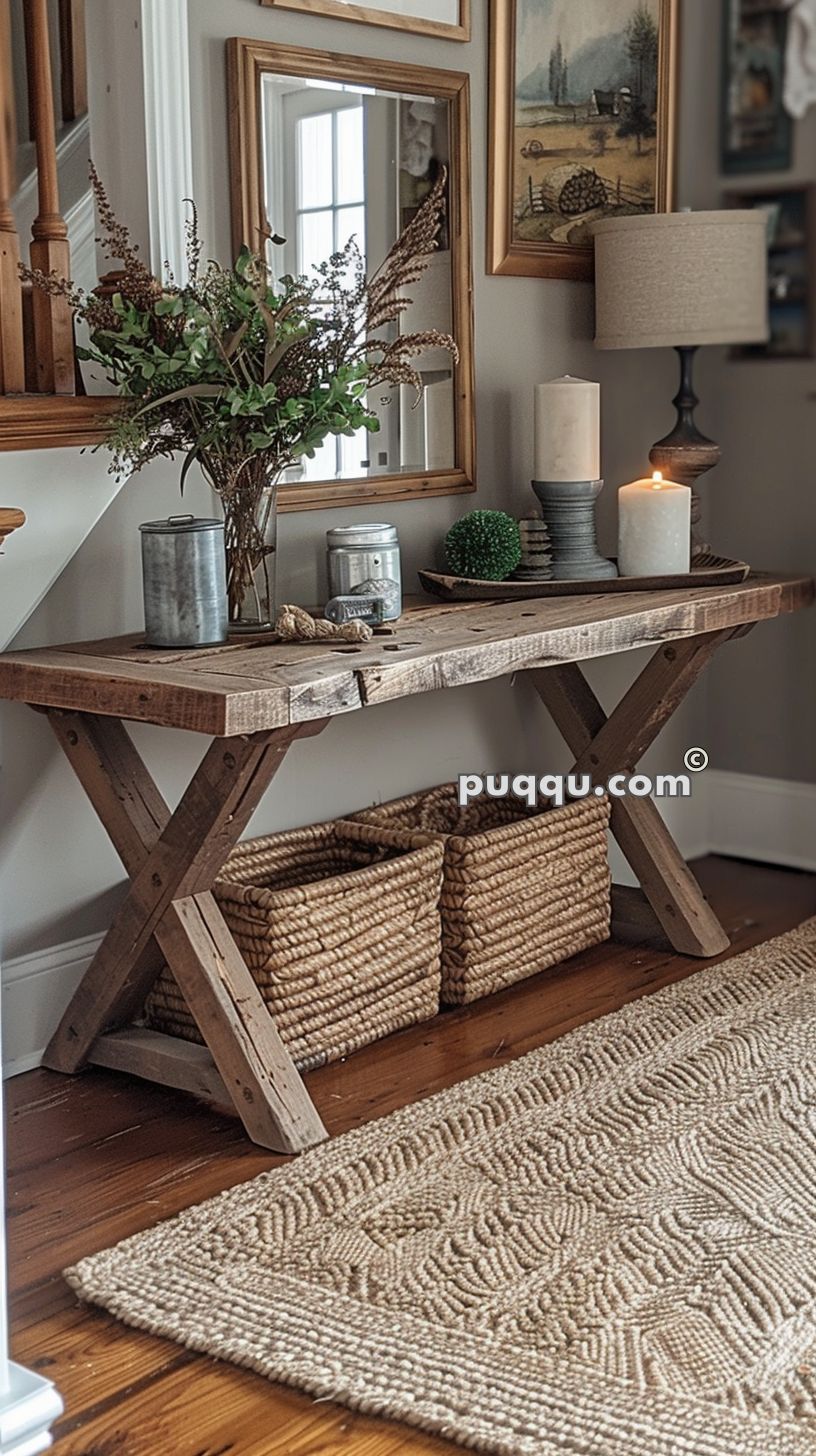 Rustic wooden console table with woven basket storage underneath, adorned with a vase of dried flowers, candles, and decorative items, set against a background of framed artwork and a large mirror.