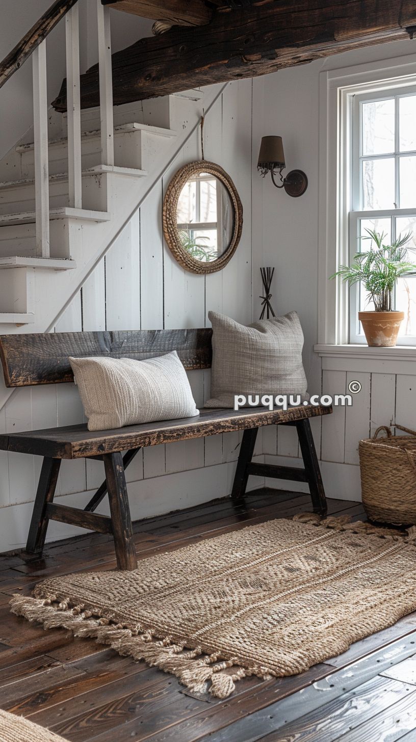 Rustic interior featuring a wooden bench with two grey cushions, a woven rug on a dark wooden floor, a round wicker mirror on the wall, a potted plant on a windowsill, a wall sconce, and a wicker basket.