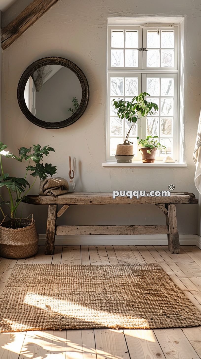 Rustic interior with wooden bench, potted plants, round mirror, and natural woven rug.