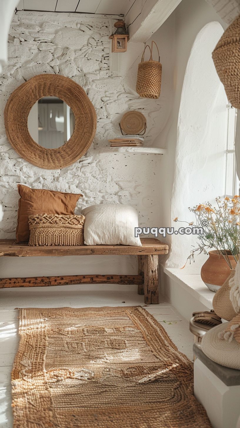 Cozy rustic corner with a wooden bench holding textured cushions, a round wicker mirror on a white stone wall, and woven baskets for decor. Dried flowers in a clay pot sit on a nearby ledge.