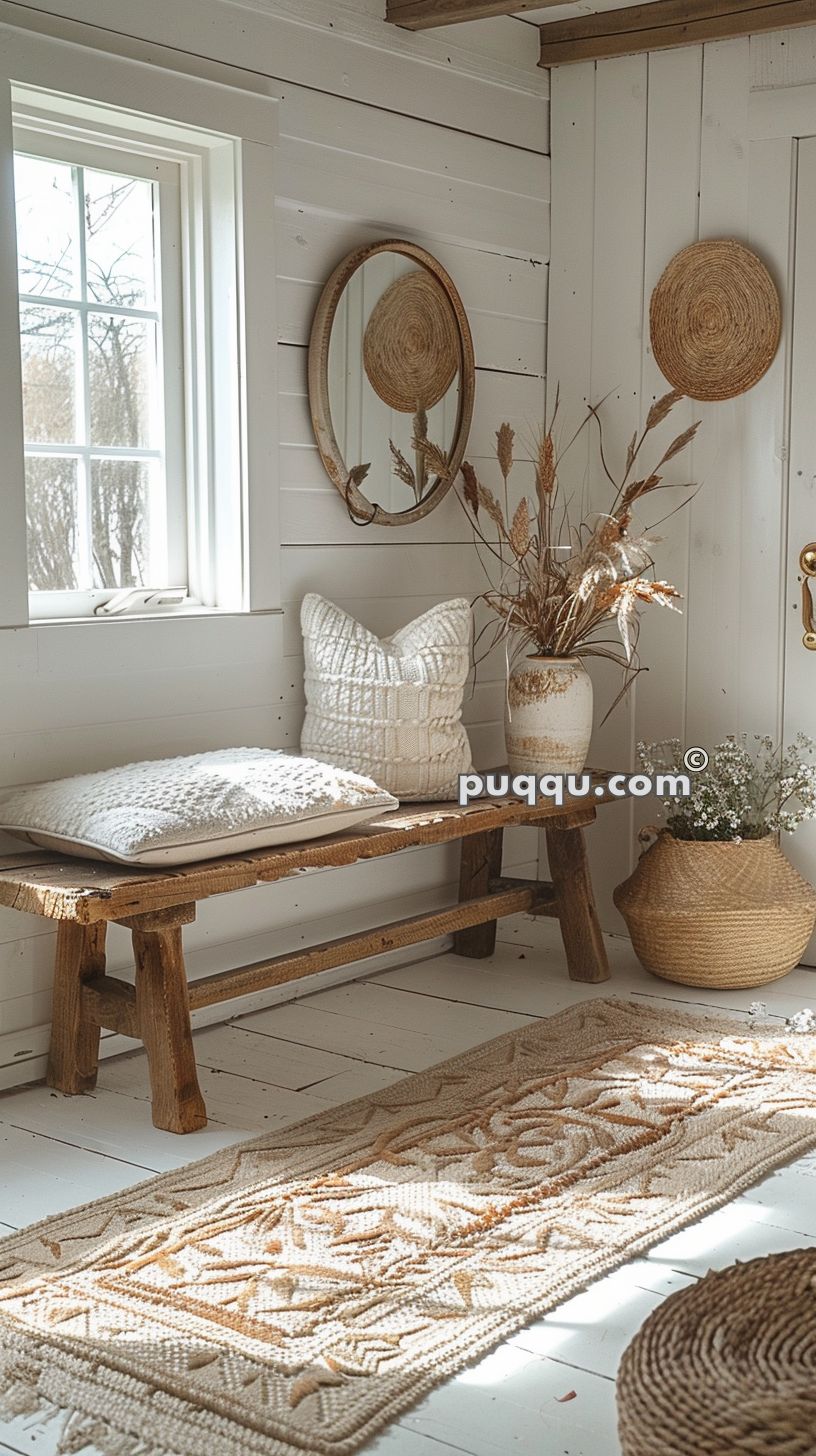 Rustic entryway with a wooden bench decorated with white knitted cushions, dried flowers in vases, a round mirror, and a woven rug on a white wooden floor.