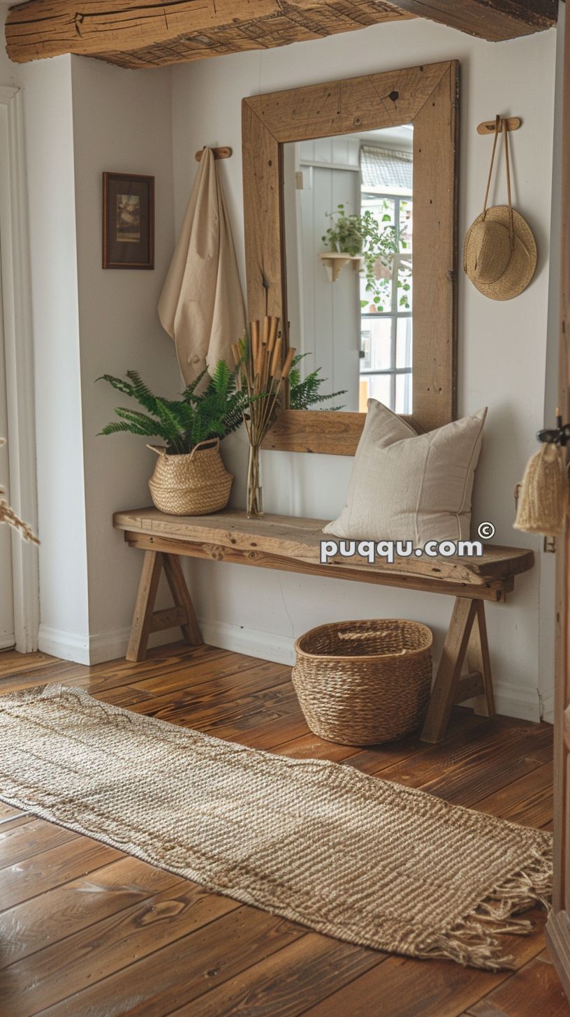 Cozy entryway with a rustic bench, large wooden mirror, woven baskets, and a natural fiber rug on wooden flooring.