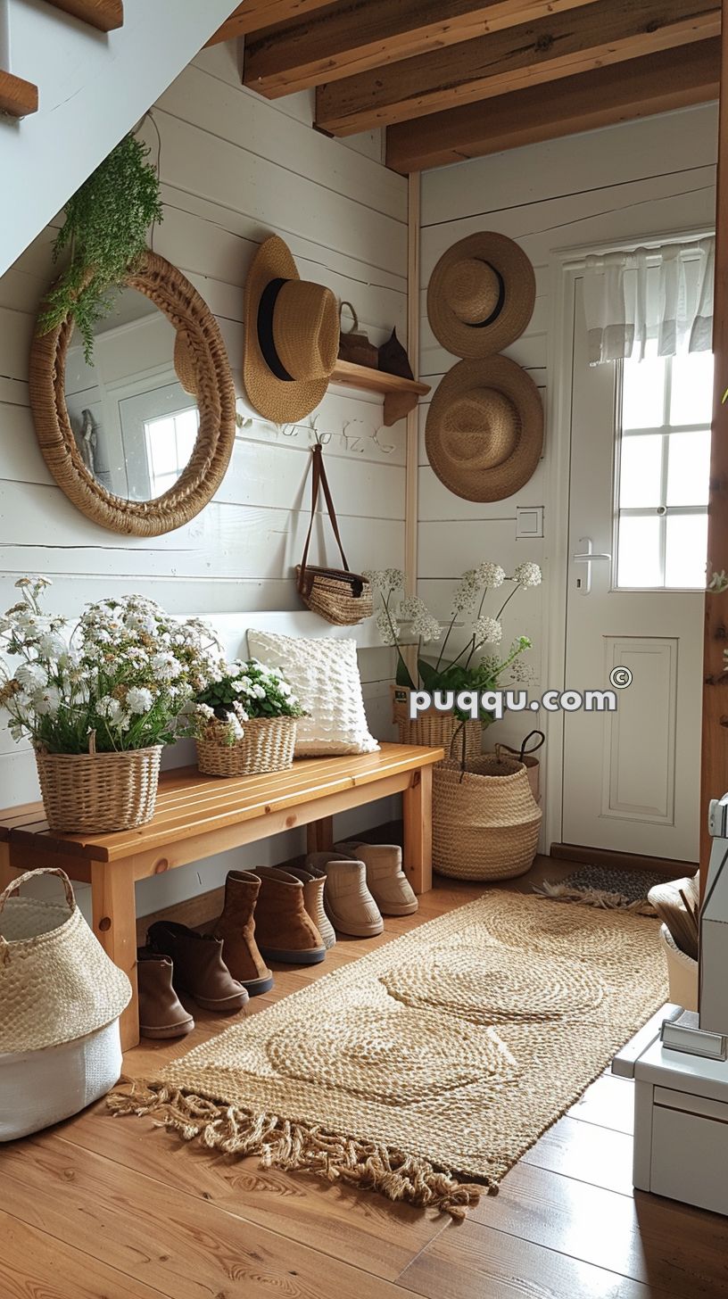 Rustic entryway with wooden bench, woven baskets, potted flowers, hanging hats, straw hat wall decor, round mirror with woven frame, and wooden shoes on the floor.