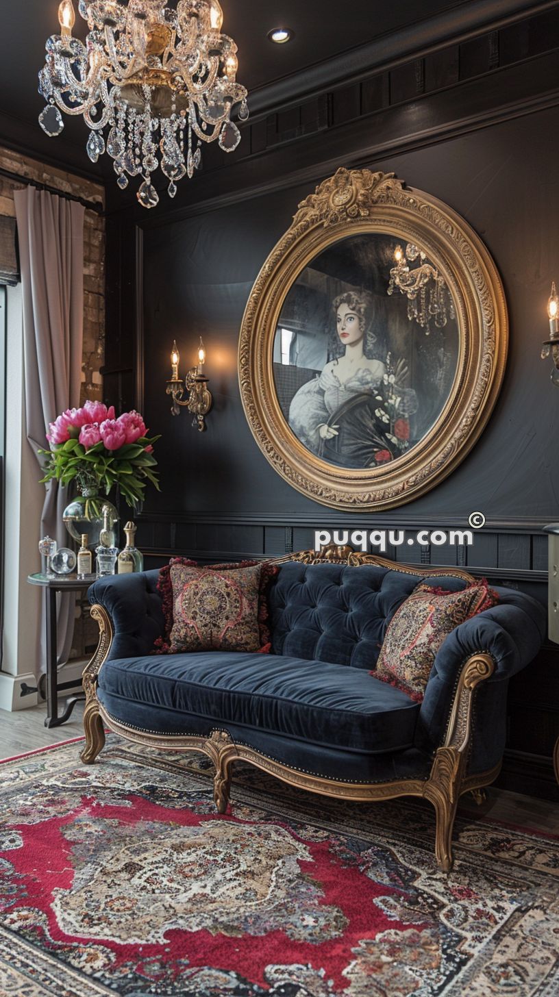 Luxurious living room with a vintage velvet sofa, ornate framed painting, chandelier, floral centerpiece, and richly patterned rug.