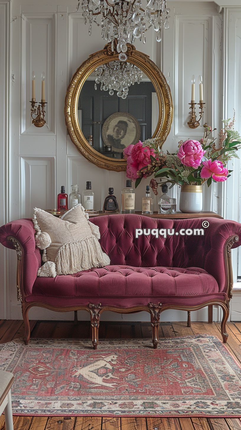 Vintage-style living room with a deep red velvet tufted sofa, ornate gold-framed round mirror, white paneled walls, crystal chandelier, and decorative items on the wooden cabinet behind the sofa, including pink flowers and various bottles. A patterned area rug is placed on the wooden floor.