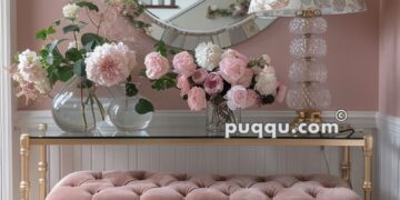 Elegant entryway with a pink tufted bench, floral rug, glass table adorned with vases of flowers, floral table lamp, and a round mirror reflecting a staircase.