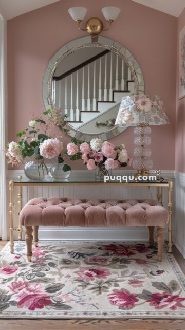 Elegant entryway with a pink tufted bench, floral rug, glass table adorned with vases of flowers, floral table lamp, and a round mirror reflecting a staircase.