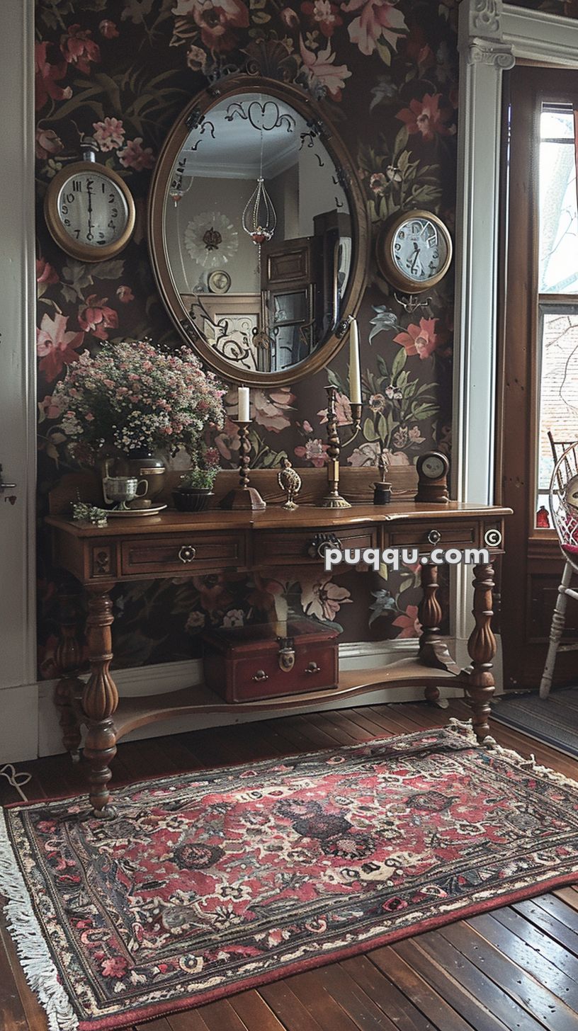 Vintage wooden console table with floral arrangement, candlesticks, and decorative items, set against a floral-patterned wallpaper. An ornate oval mirror and two clocks hang above, and a patterned rug adorns the wooden floor.