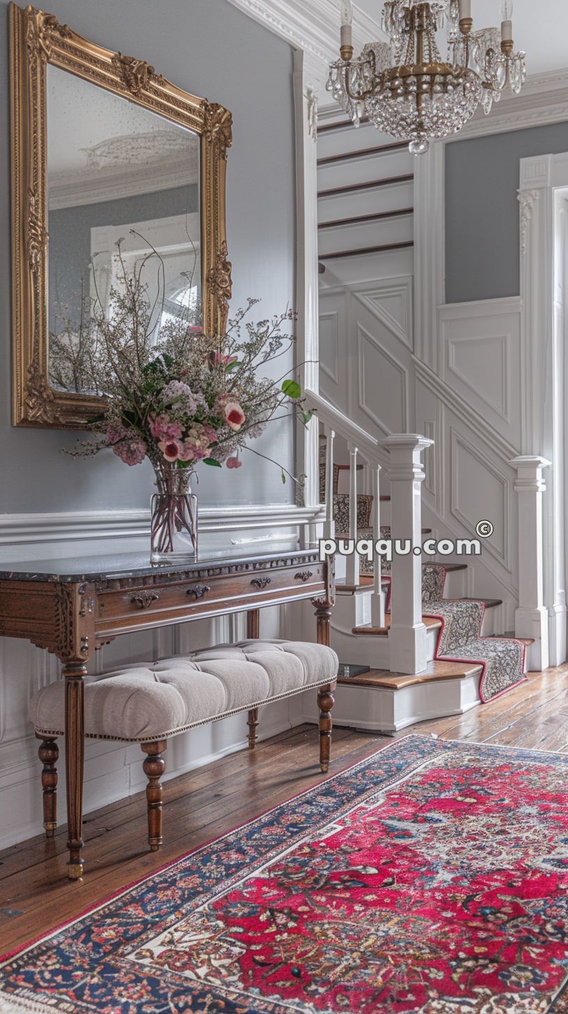 Elegant interior with a large mirror in a gold frame above a wooden console table, a vase of flowers, an upholstered bench, a crystal chandelier, and a red patterned rug near stairs.