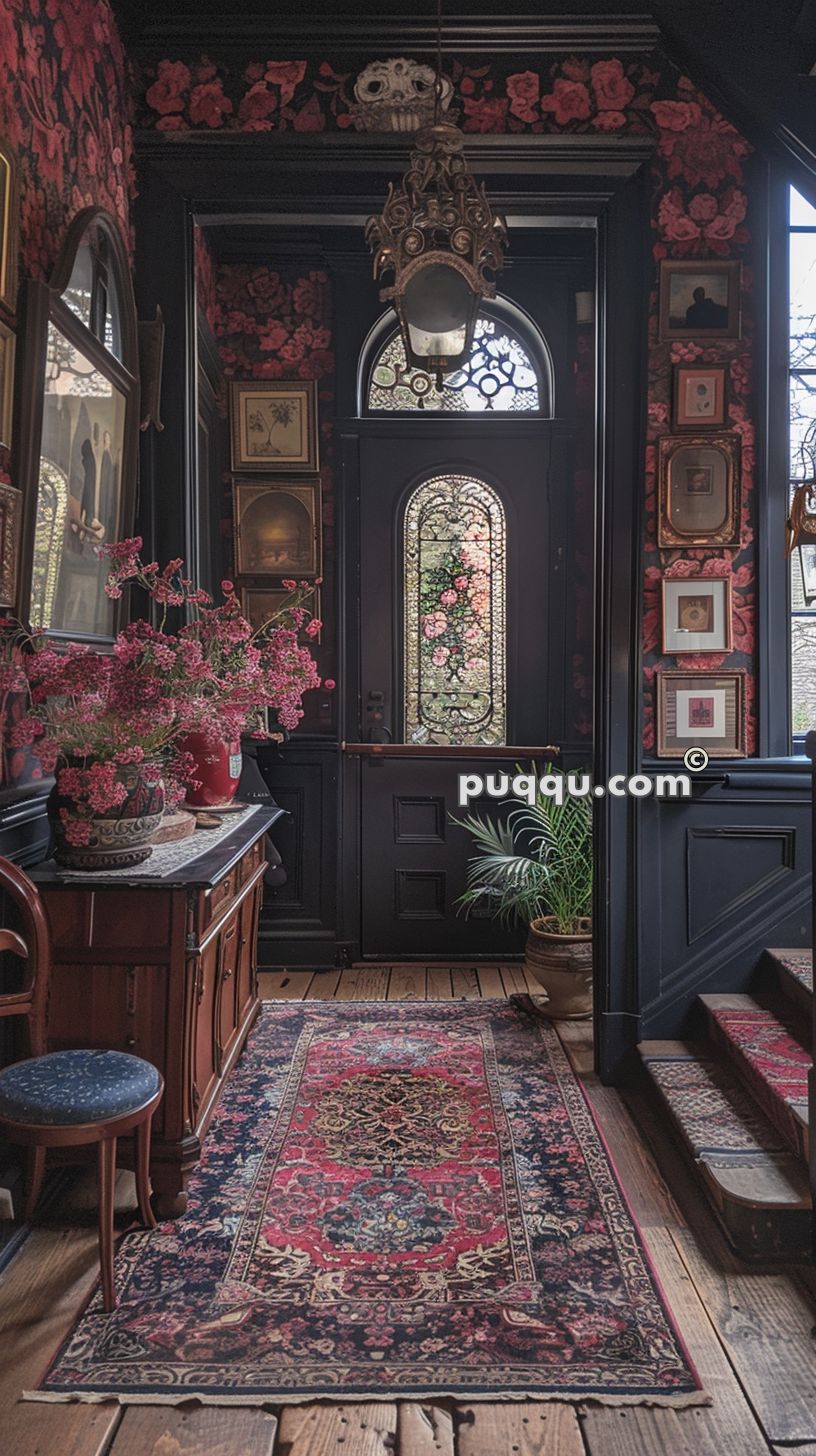 A vintage-style entryway with dark wood paneling, floral wallpaper, and an ornate chandelier. The scene features a decorative rug, potted plants, framed pictures on the walls, and a door with a stained glass window.