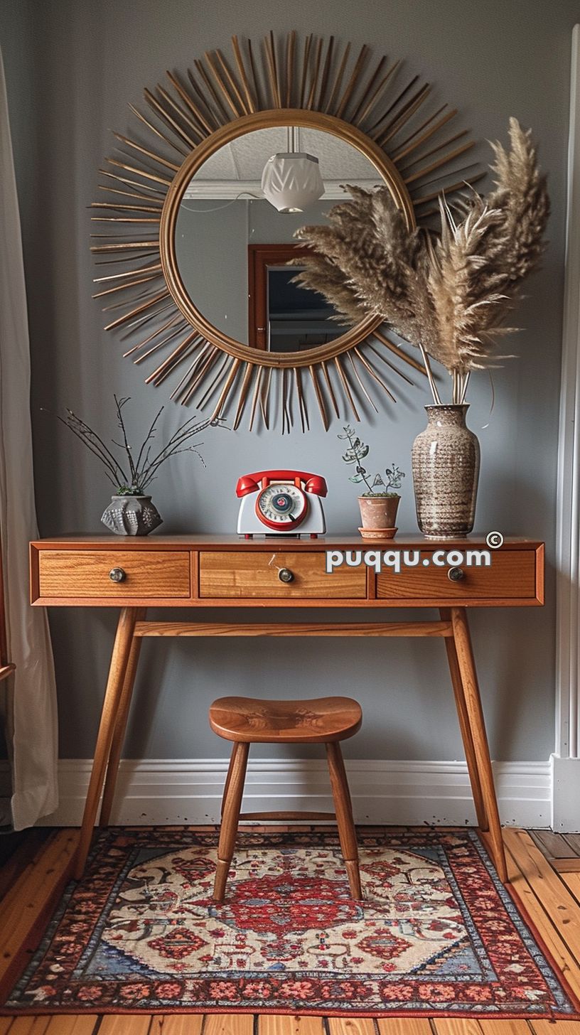 Mid-century modern wooden console table with three drawers, decorated with dried pampas grass, a vintage rotary telephone, and vases, beneath a round sunburst mirror; with a small wooden stool in front and placed on a colorful patterned rug.