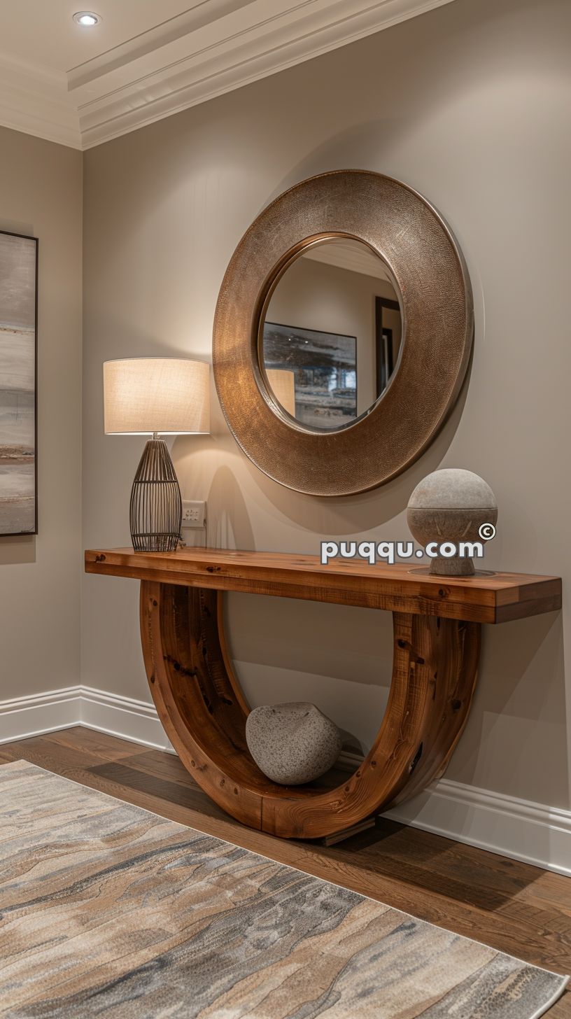 Wooden console table with a curved support design under a large circular mirror, a modern lamp, a decorative stone object on top, and a stone sculpture below.