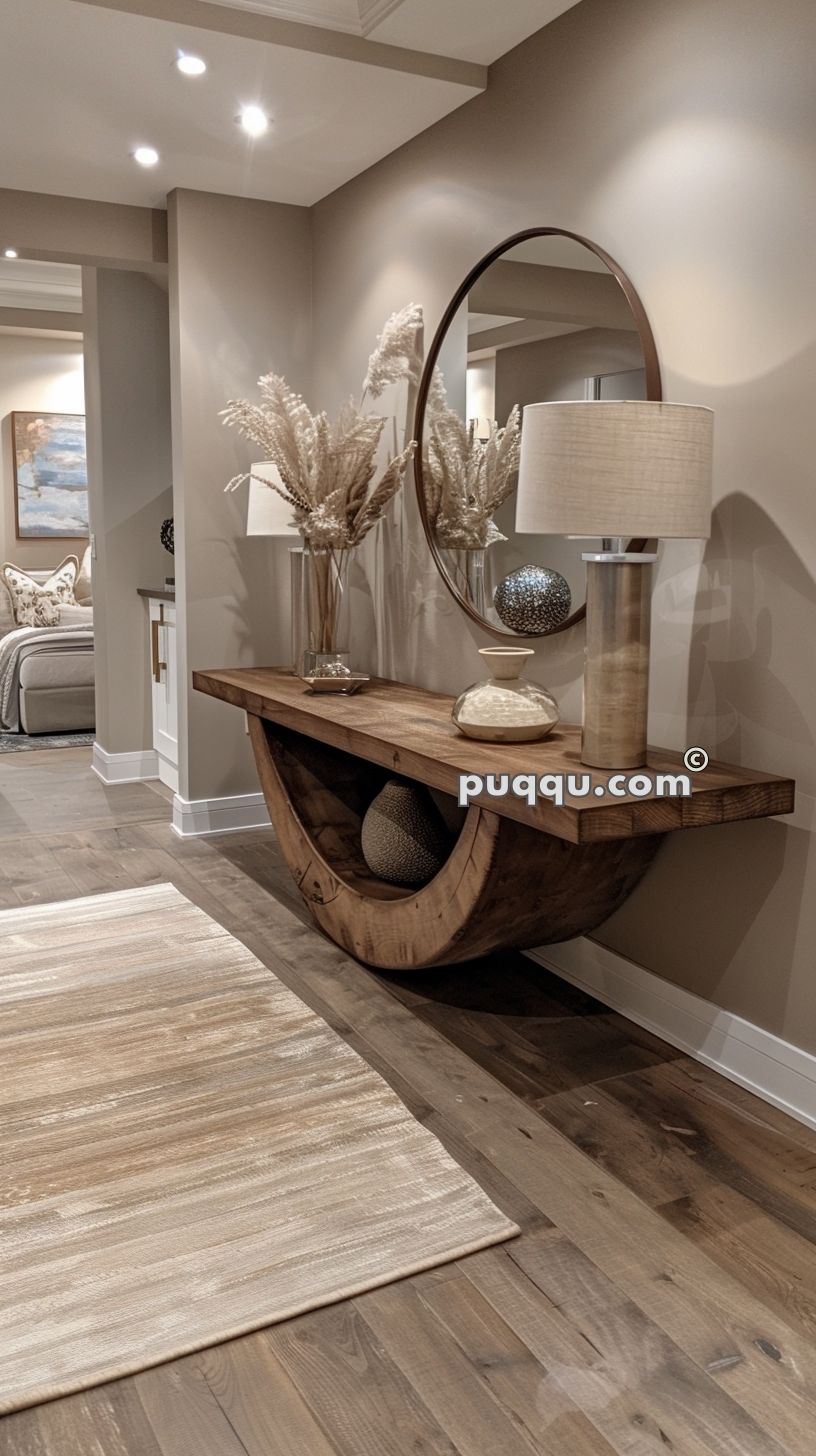 Modern hallway with a round mirror, wooden console table, table lamp, decorative vases, and pampas grass. The space features a contemporary bedroom in the background and a beige carpet on wooden flooring.