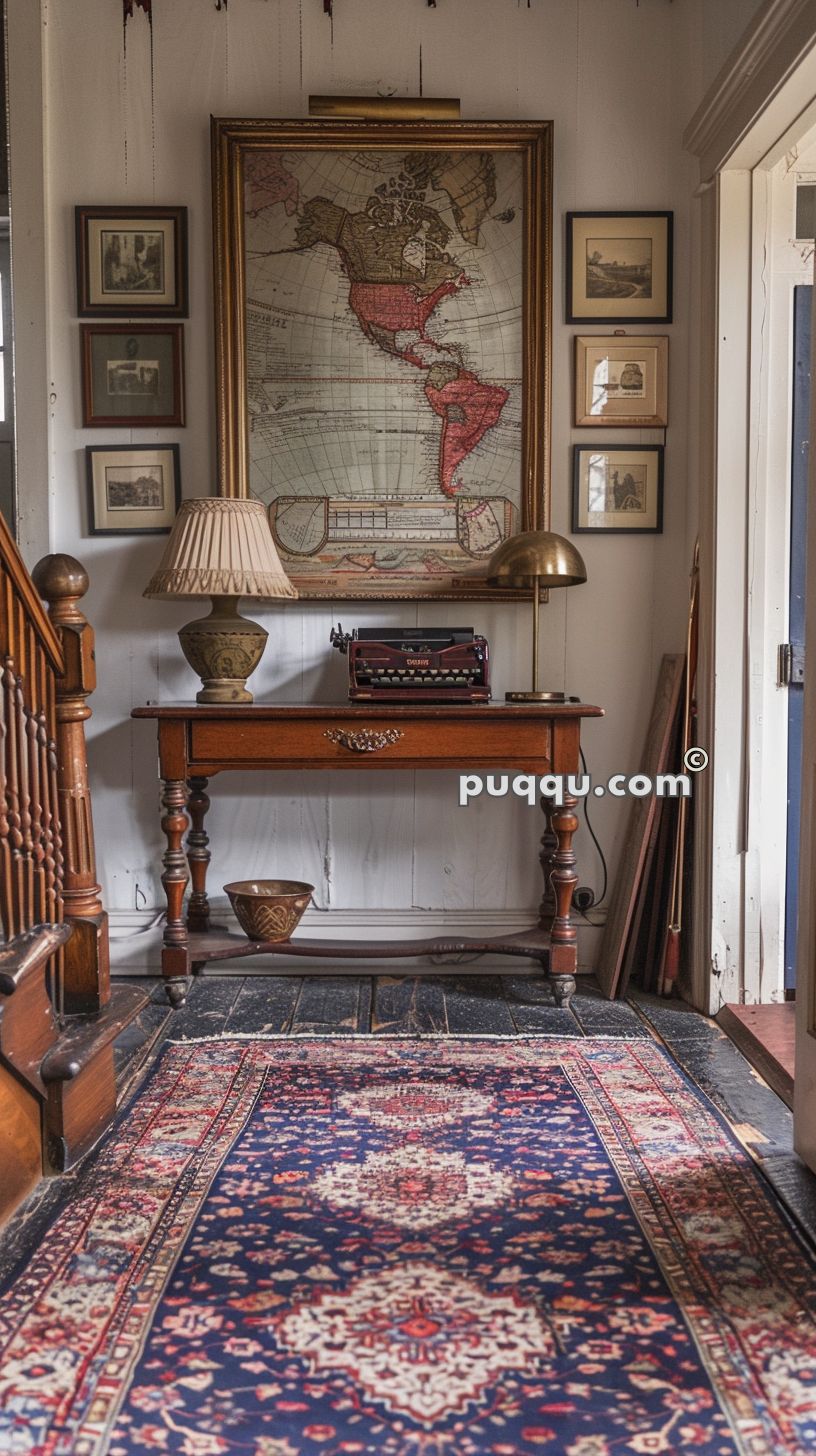 A vintage hallway with an ornate wooden console table, a retro typewriter, table lamps, framed maps on the wall, and a patterned carpet.