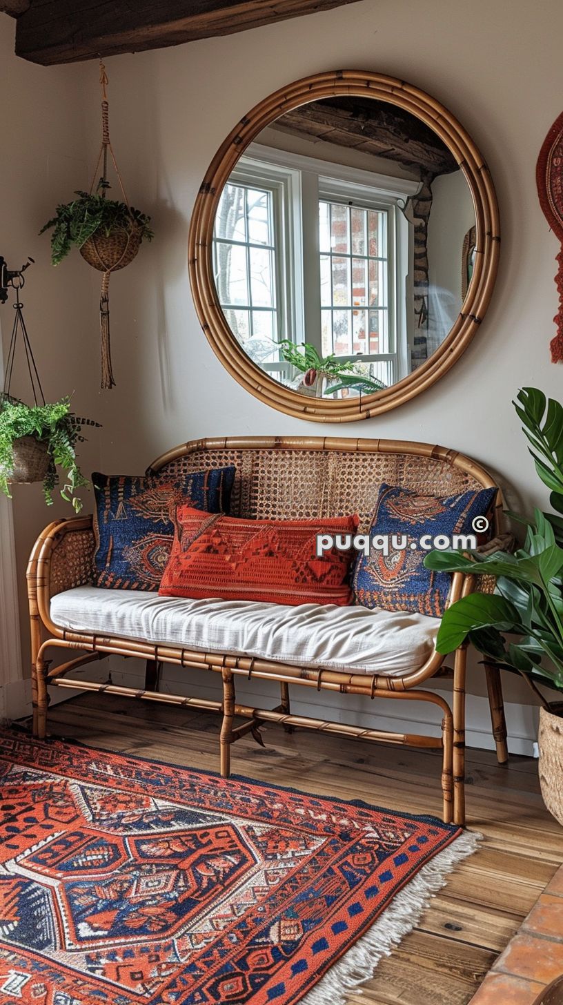 Cozy living space with a rattan bench, colorful cushions, a round mirror, hanging plants, and a patterned rug.