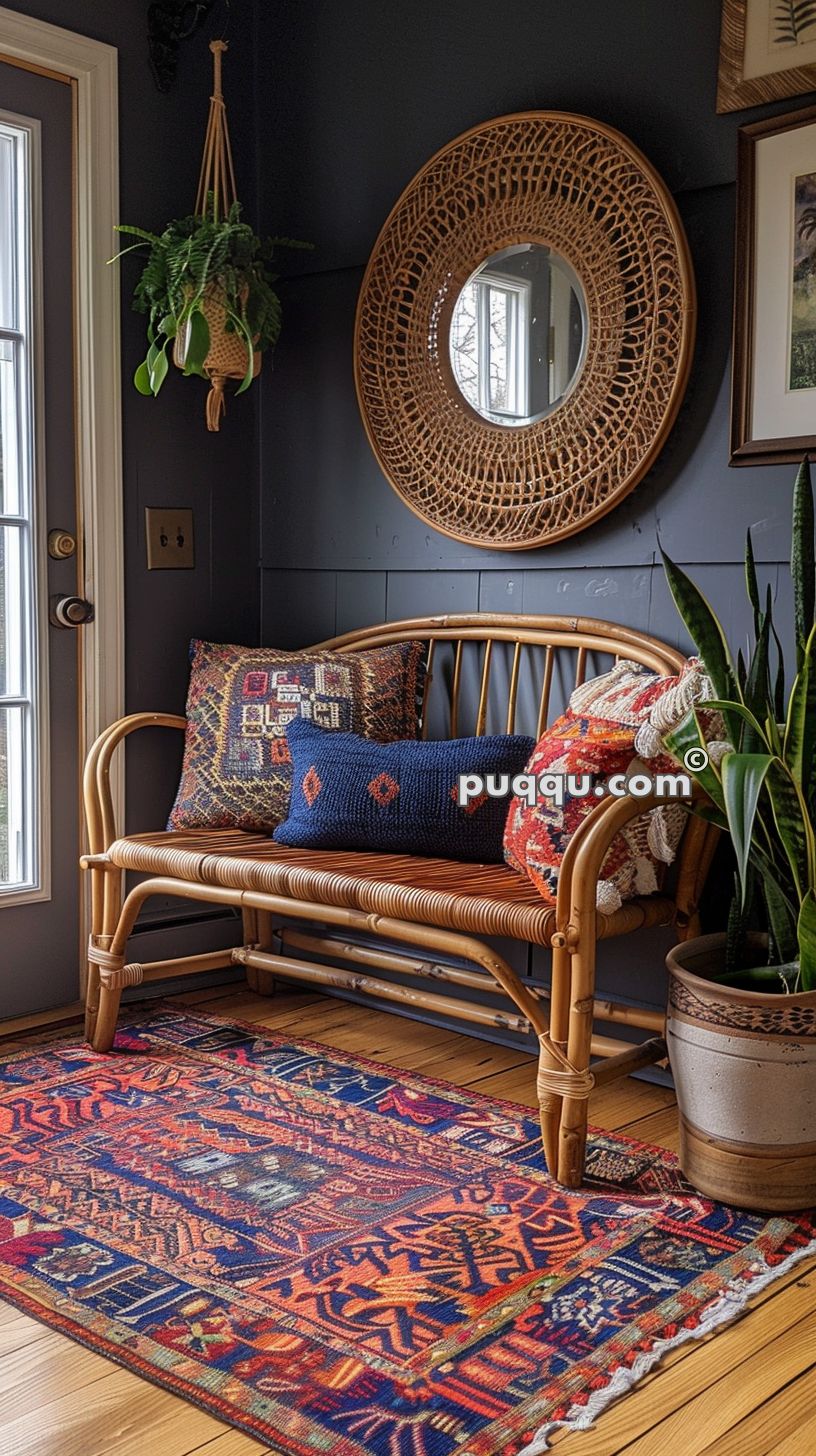 Cozy corner with a bamboo bench adorned with colorful patterned pillows, a vibrant oriental rug, a large woven rattan mirror on the wall, a hanging potted plant, and a snake plant in a ceramic pot.