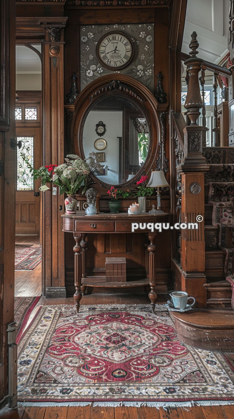 A vintage entryway with intricate woodwork, a large oval mirror, a wall clock, floral vases, and a drawer table. The wooden floor features a decorative red and white Persian rug.