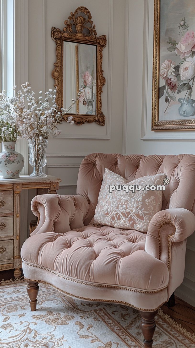 Pink tufted armchair with an embroidered pillow in a vintage-styled room with a floral arrangement, an ornate mirror, and a floral painting.