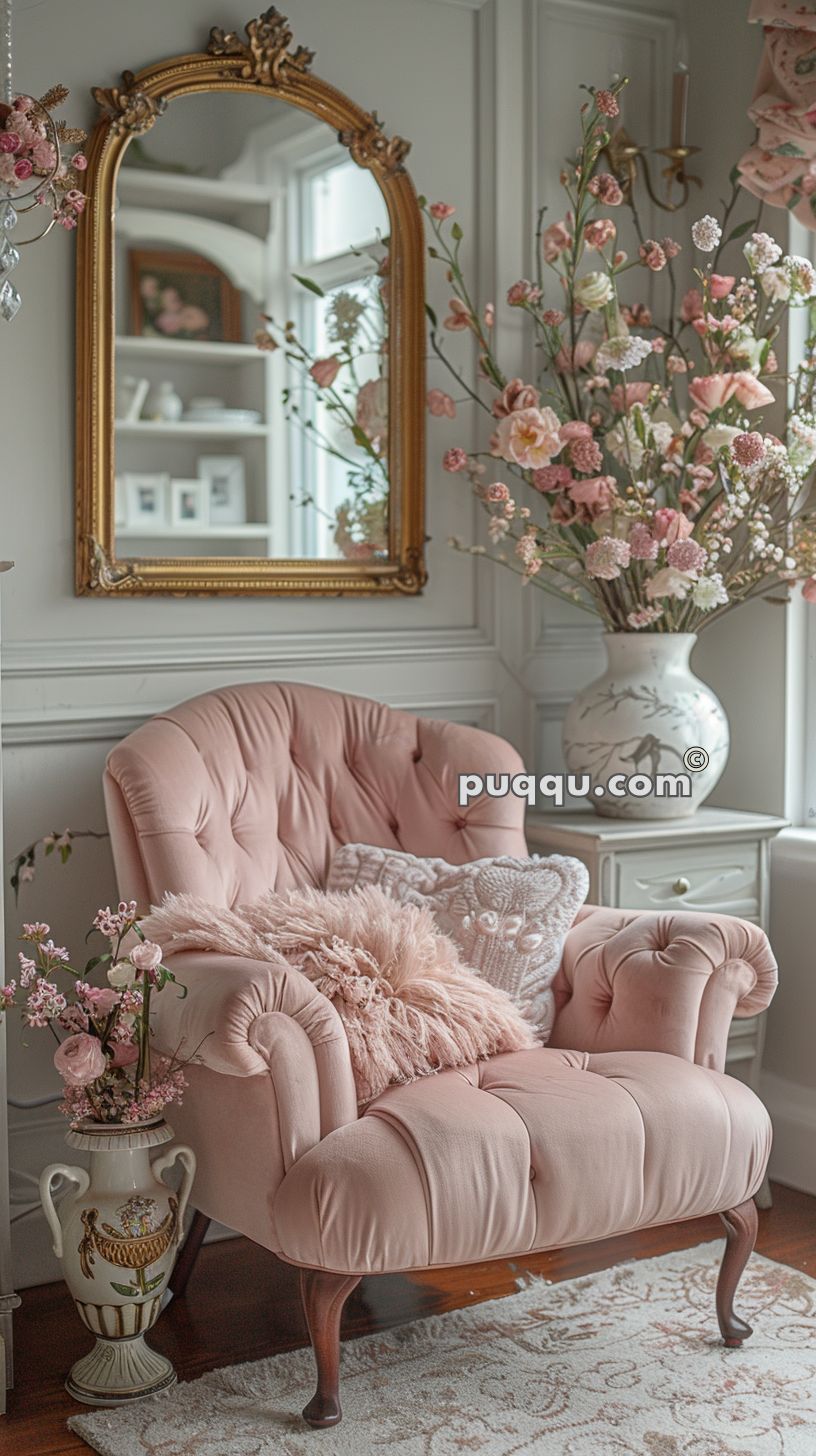 Elegant room with pink armchair, floral pillows, large vase with flowers, ornate gold mirror, and decorative accents.