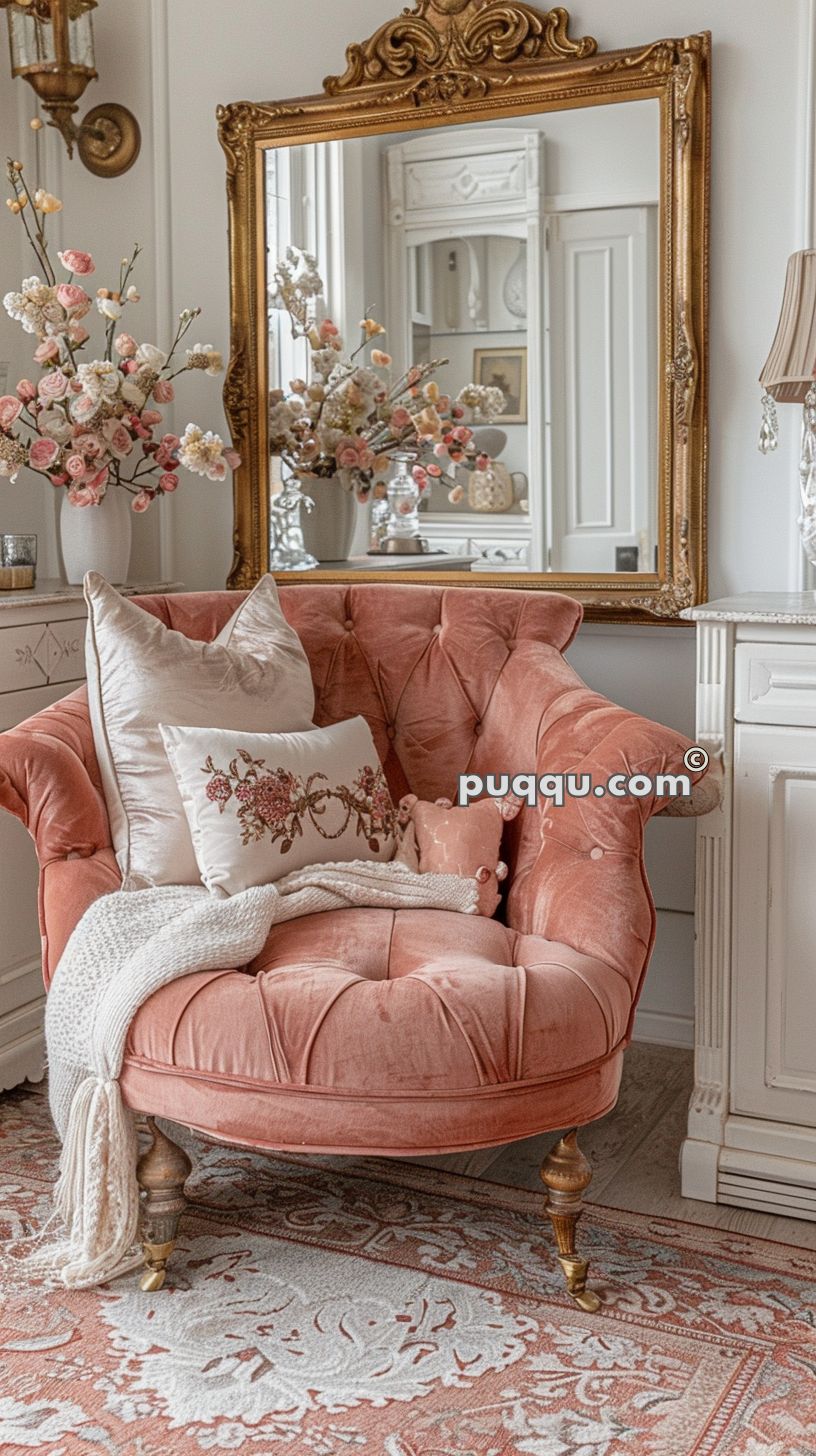 Pink velvet armchair with decorative pillows and a white throw blanket, ornate gold-framed mirror, floral vase, white cabinet, and patterned rug.