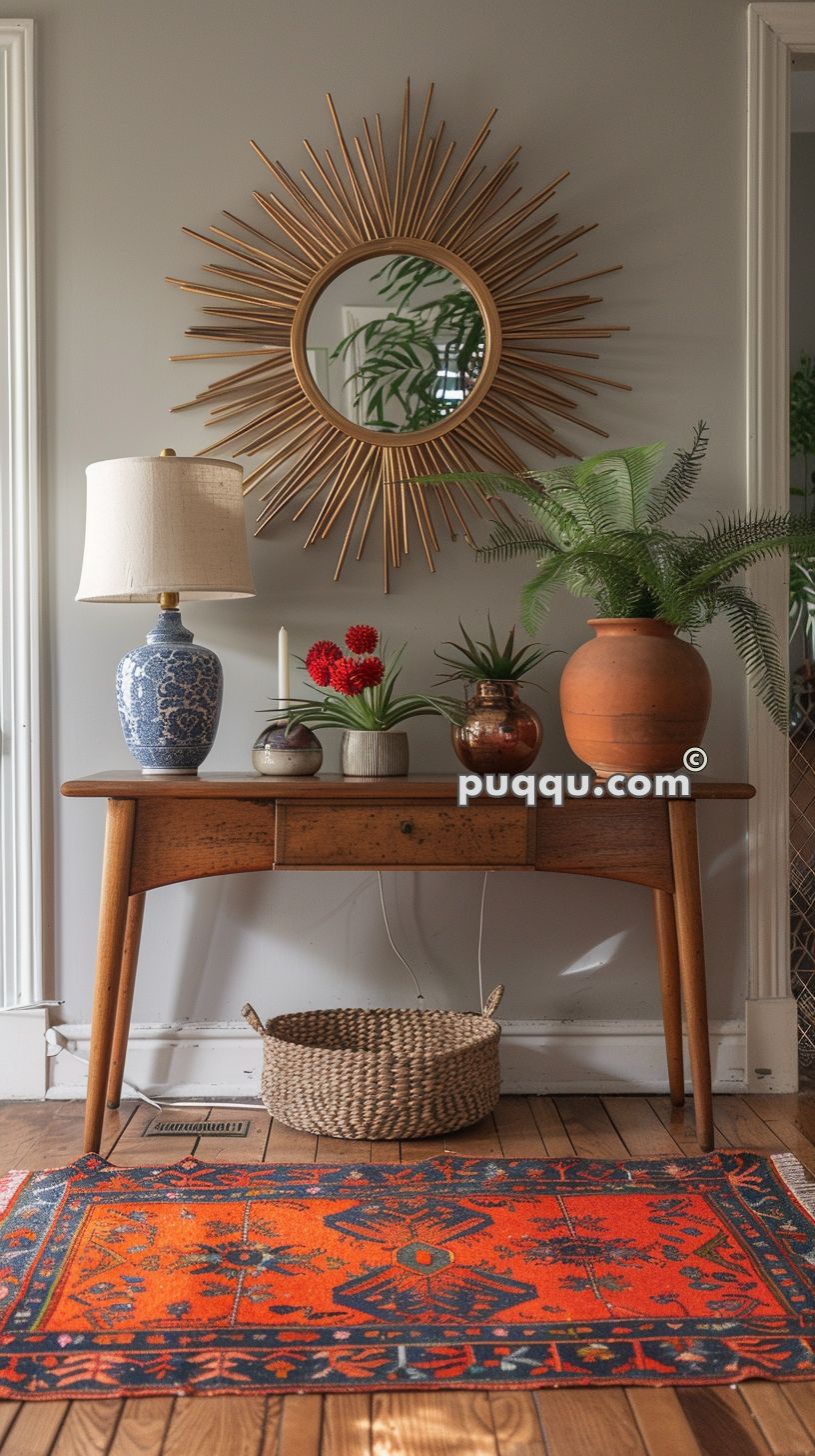 Wooden console table with a decorative sunburst mirror above it, adorned with various plants, a blue and white ceramic lamp, and a wicker basket below, set against a gray wall with a vibrant orange and blue patterned rug on the wooden floor.