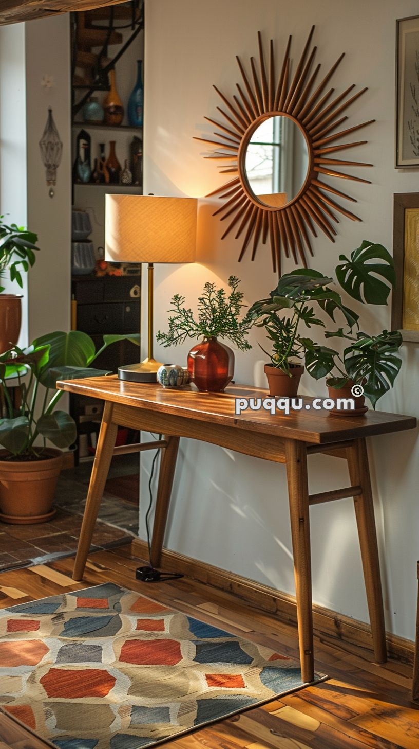Mid-century modern interior with a wooden console table, potted plants, a table lamp, and a sunburst mirror on the wall, featuring a patterned rug on a wooden floor.