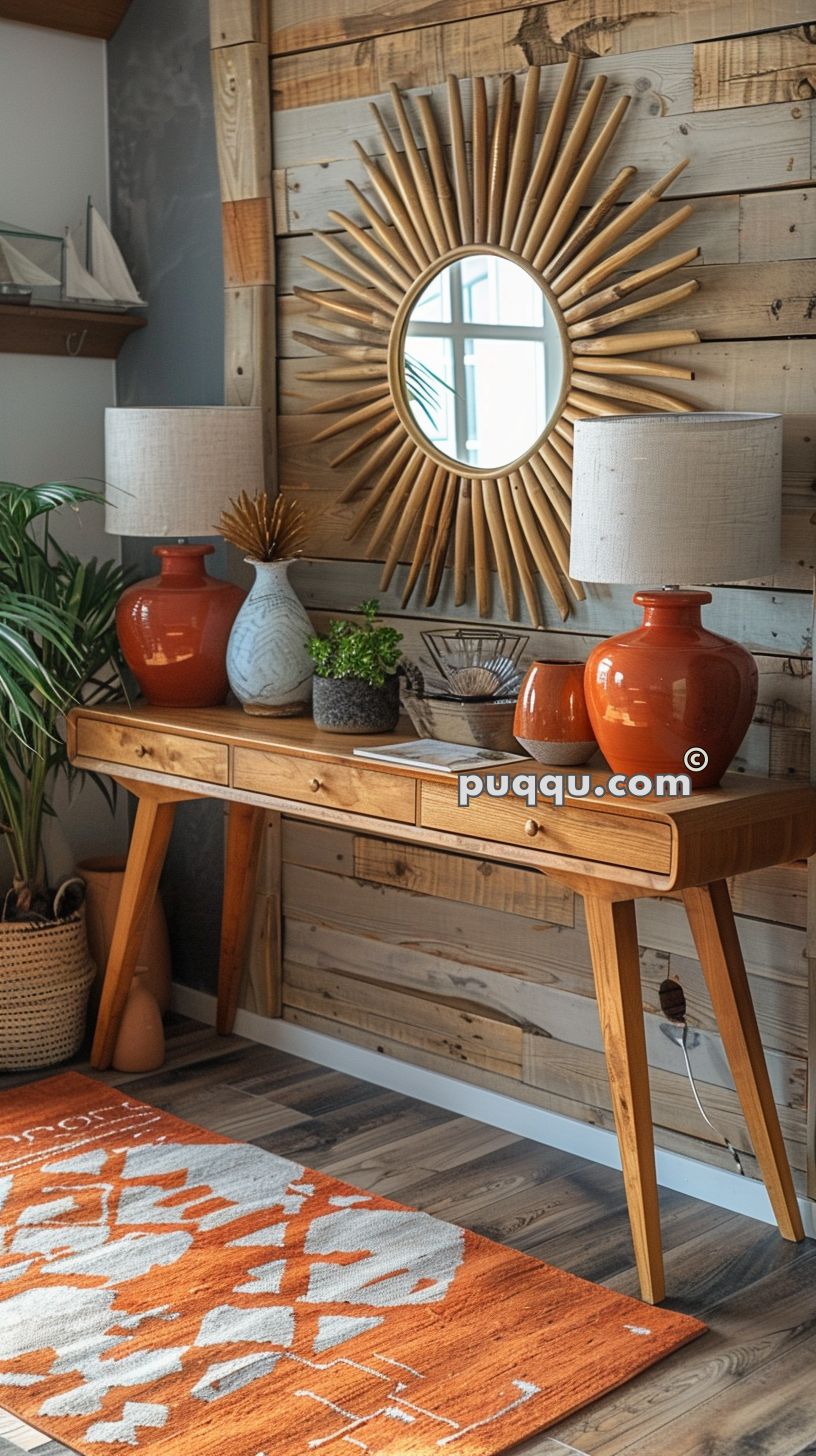 Wooden console table with orange vases and decorative items, sunburst mirror on wood-paneled wall, orange and white rug, and potted plants.