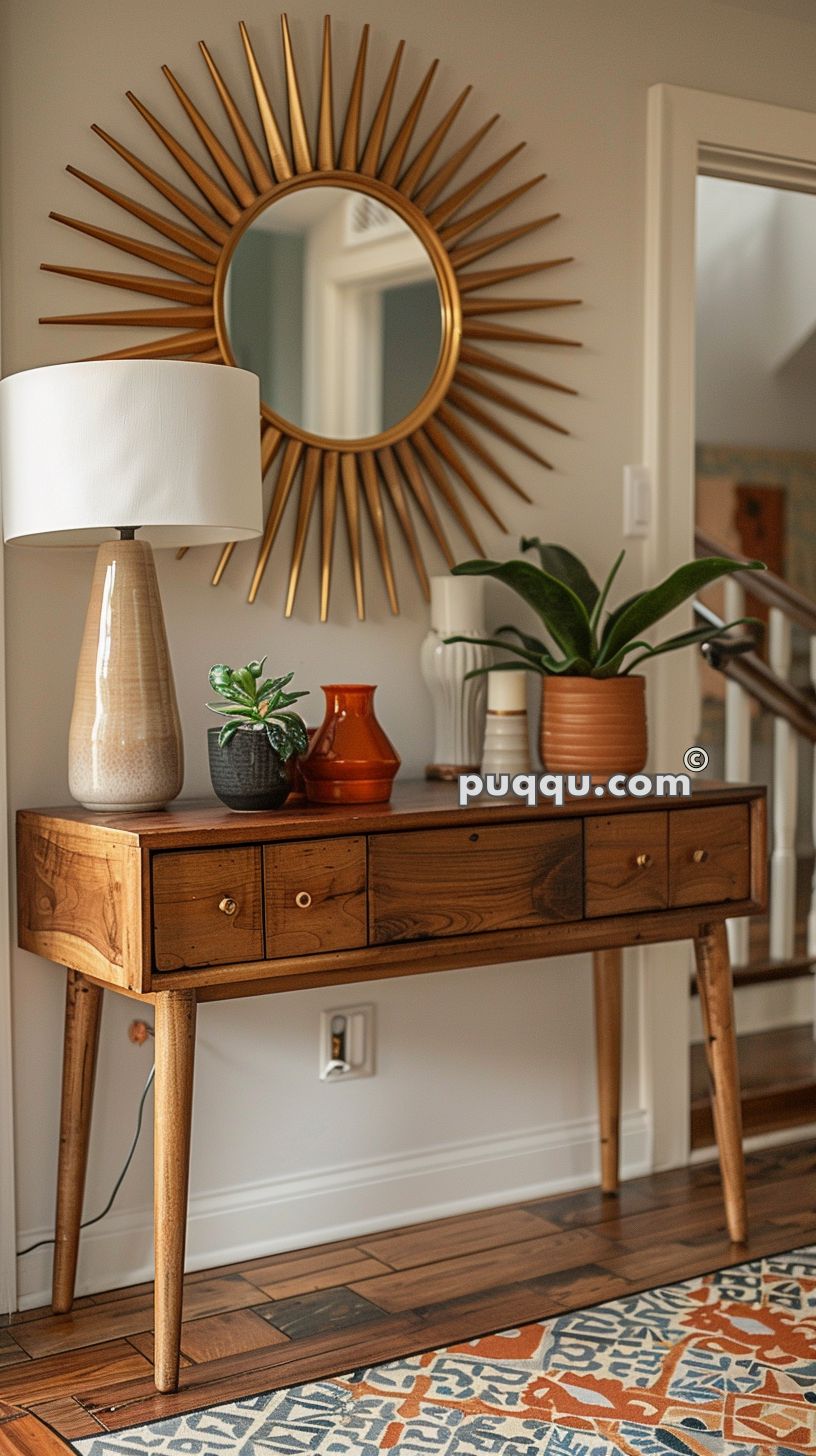 Wooden console table with three drawers, a table lamp, potted plants, and decorative items, beneath a sunburst mirror.
