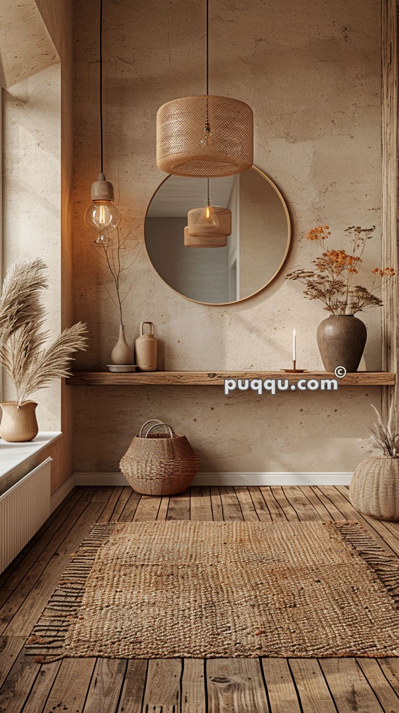 Minimalist room with a round hanging mirror, wooden shelf, rattan pendant lights, wicker baskets, vases with dry plants, and a textured rug on wooden flooring.