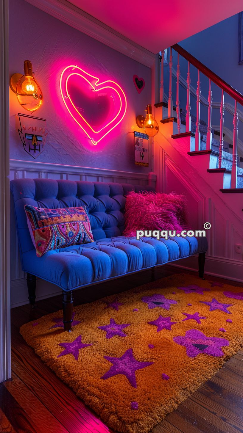 Colorful lounge area with a blue tufted sofa adorned with vibrant, patterned cushions and a pink fluffy pillow. A neon pink heart-shaped light is mounted on the wall above, flanked by warm yellow wall lights. Below, there is a plush orange rug with purple star patterns, and beyond the sofa is a wooden staircase with white spindles.
