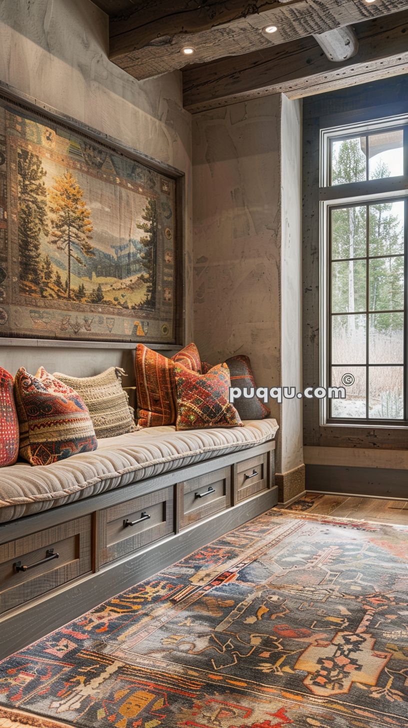 Cozy rustic interior with a built-in cushioned bench adorned with colorful patterned pillows, a large tapestry featuring a nature scene on the wall, and a window with a view of trees.