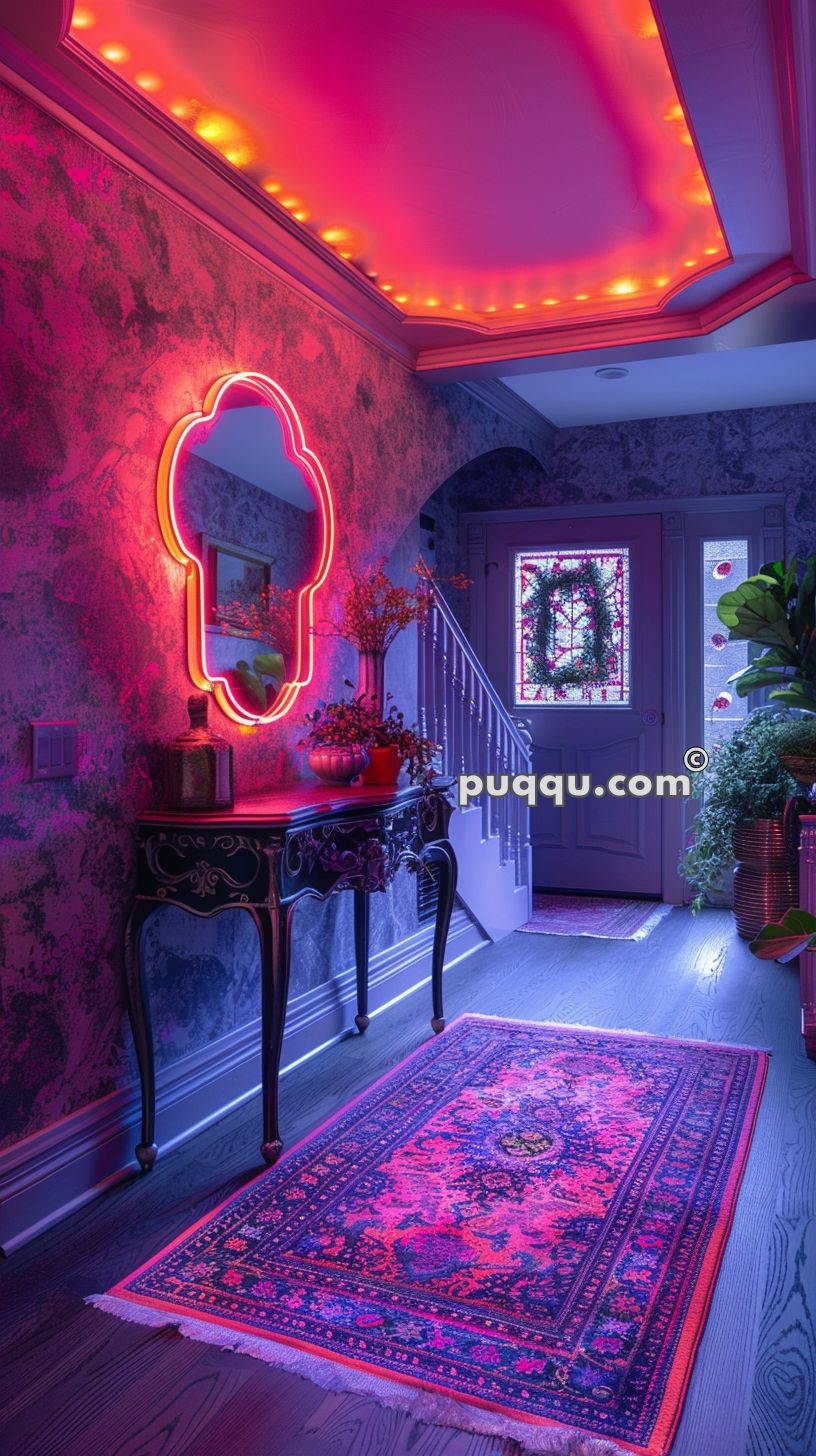 A vibrant hallway with a neon pink and orange ceiling light, a decorative mirror with neon lighting, an ornate console table with plants and decor, and a colorful area rug.