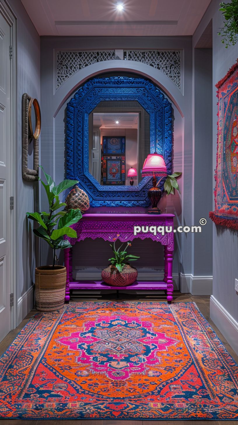 Vibrant hallway with an ornate blue mirror above a purple console table, adorned with a pink table lamp and a small plant. Brightly colored rug with orange and pink patterns covers the floor, and a potted plant sits beside the table.