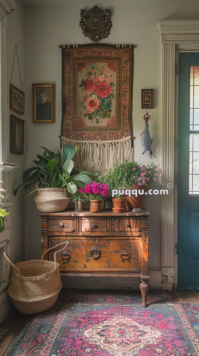 Vintage wooden chest of drawers adorned with potted plants, framed by woven baskets and a richly patterned rug. An ornate floral tapestry hangs on the wall above the chest.