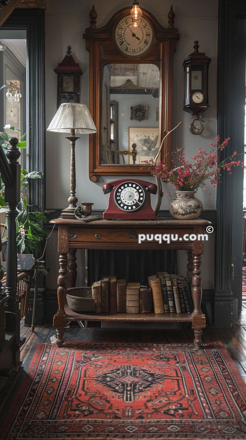 Vintage hallway with a wooden table featuring an antique red rotary phone, a lamp, a vase with red flowers, and old books underneath. The wall has a wooden clock with a mirror, framed by additional vintage objects. The floor is covered with a patterned red carpet.