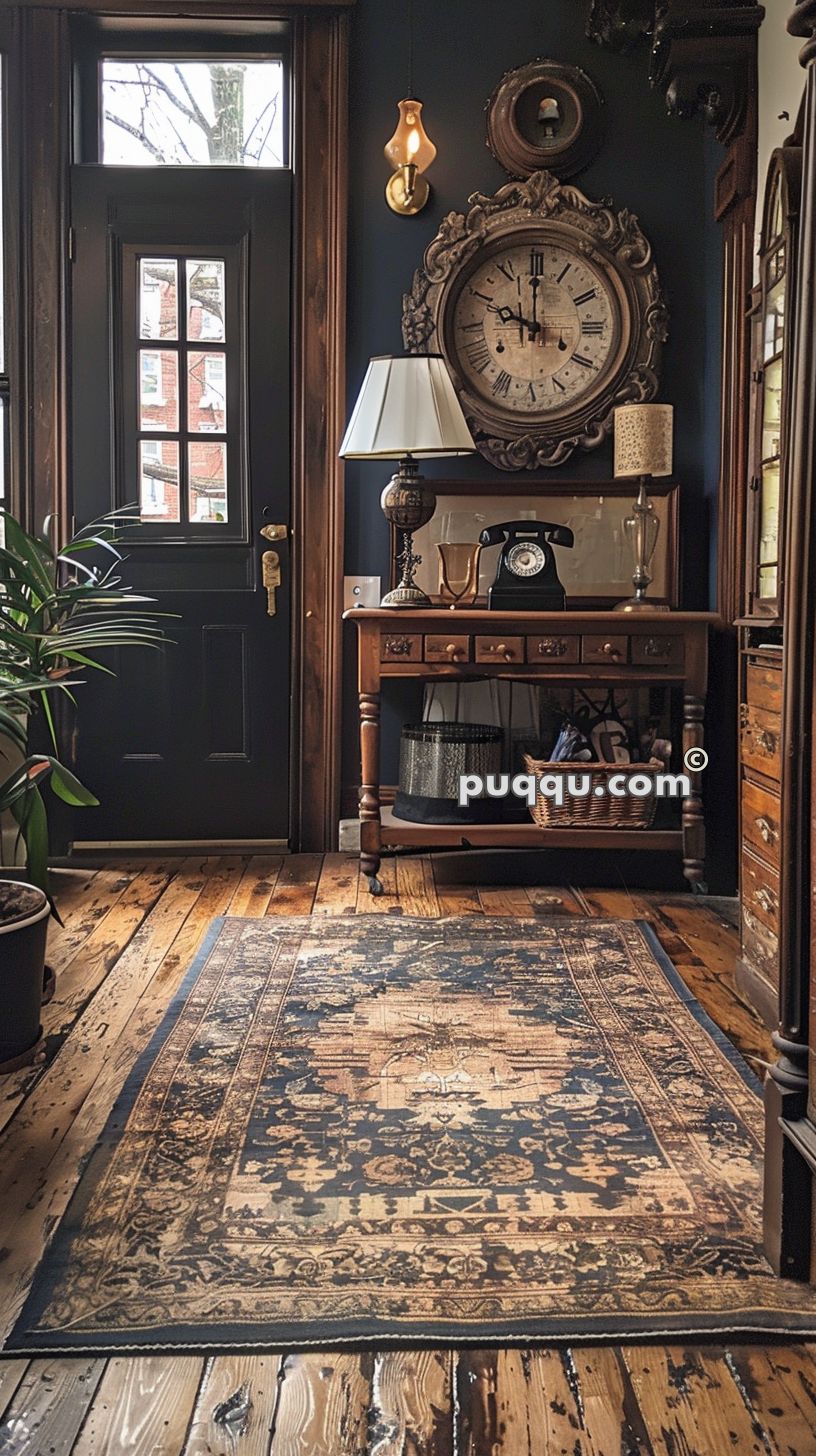 Vintage-style interior with a large ornate wall clock, wooden console table with an old-fashioned telephone and lamp, patterned rug, potted plant, and door with window panes.