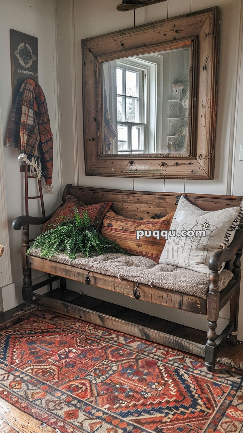 Cozy nook with a rustic wooden bench, decorative pillows, a green plant, large vintage mirror, plaid scarf hanging on the wall, and a patterned rug on the floor.
