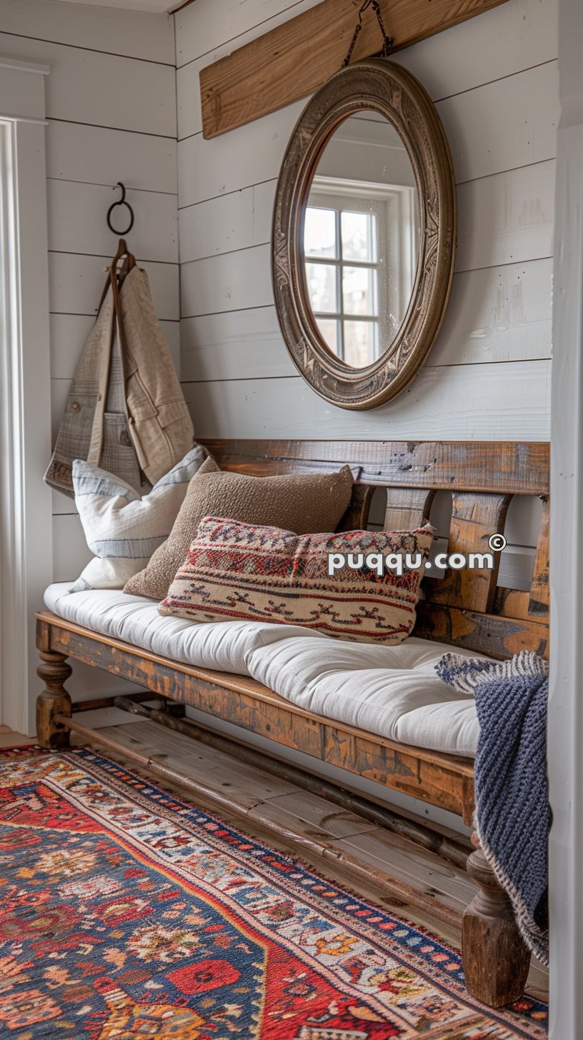 Rustic bench with cushions in an entryway with a red patterned carpet, a hanging round mirror, and a coat hook with a jacket.