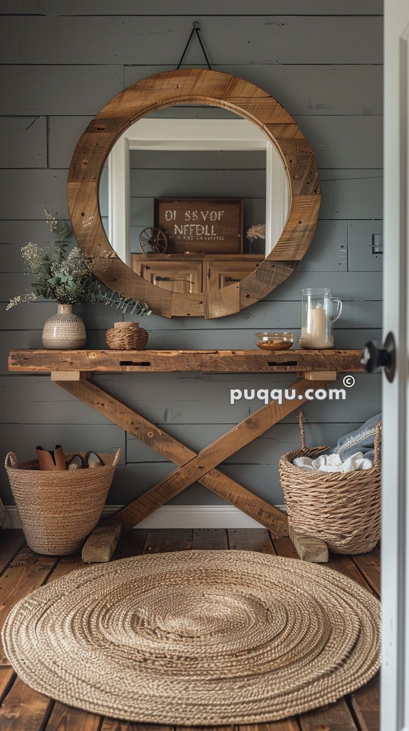 Rustic entryway with a round wooden mirror above a wooden console table, decorated with a vase, candles, and wicker baskets on a wooden floor.