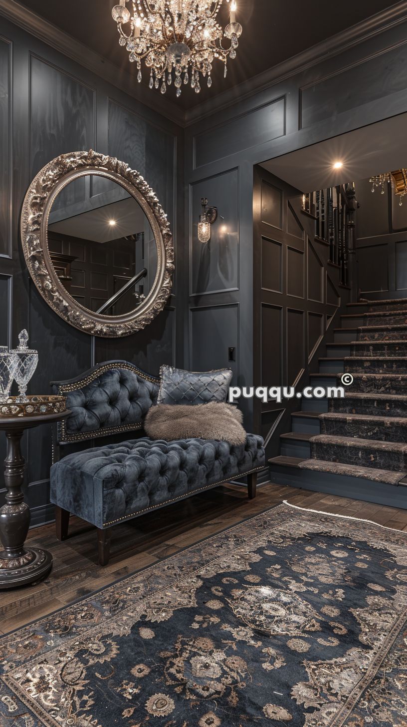 Elegant hallway with dark paneled walls, a tufted velvet bench, ornate gold mirror, crystal chandelier, and a patterned area rug.