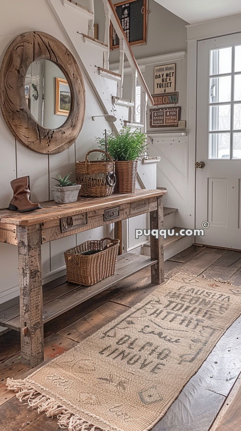 Rustic entryway with a wooden console table, wicker baskets, a small plant, a boot, a round wooden mirror on the wall, framed posters, a white door with glass panels, and a textured rug on the wooden floor.