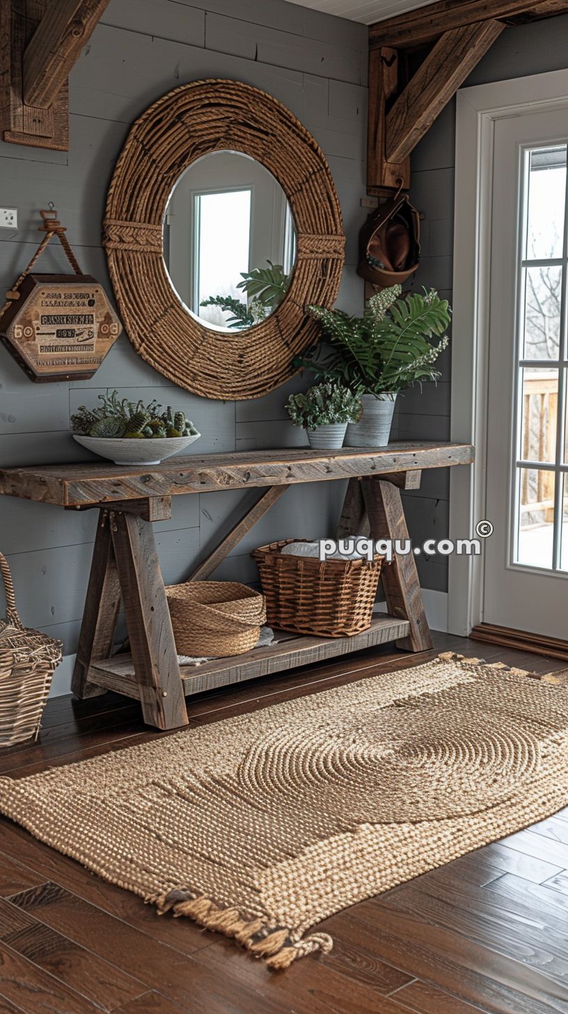 Rustic entryway with a wooden console table, wicker baskets, plants in pots, large round rope mirror, decorative hexagonal wall hanging, and textured jute rug.