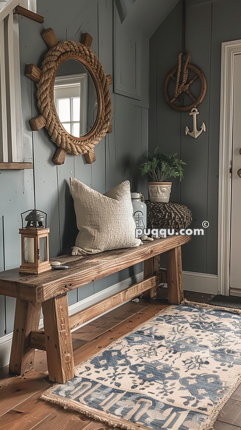 Nautical-themed entryway with wooden bench, pillow, lantern, mirror with rope frame, anchor decor, and patterned rug.