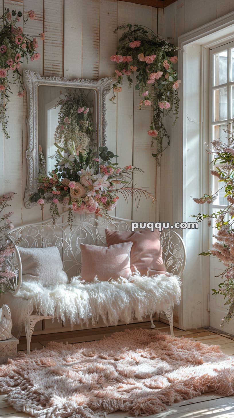 Vintage-style interior with a white wrought iron bench, fluffy white and pink pillows, a fur throw, a floral arrangement above the bench, a large mirror, hanging flowers, and a soft pink fur rug on a wooden floor.