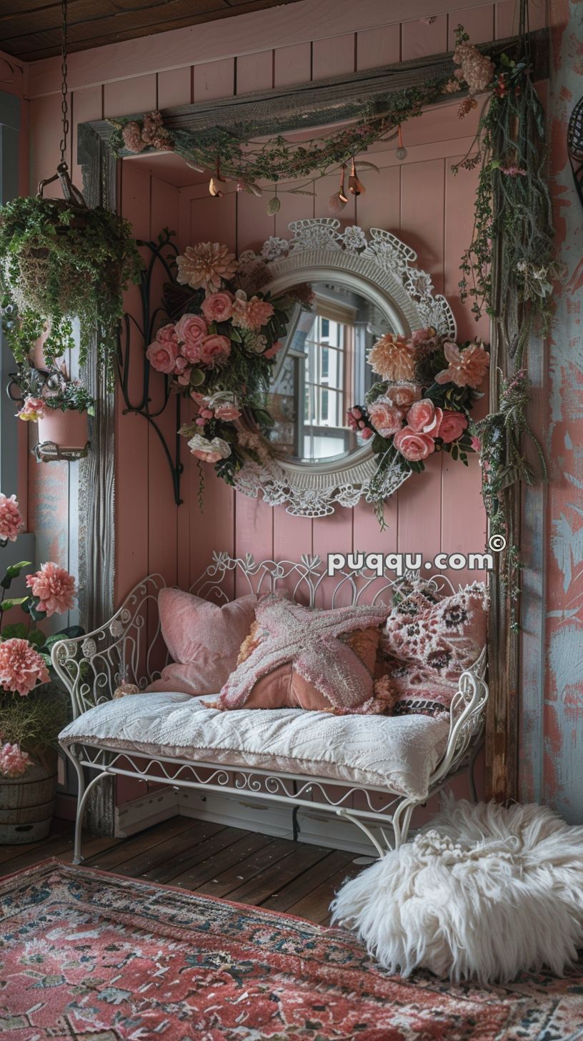 Cozy room with a vintage white metal daybed, pink cushions, floral decor, a round mirror adorned with flowers, greenery hangings, and a textured plush rug on a wooden floor.