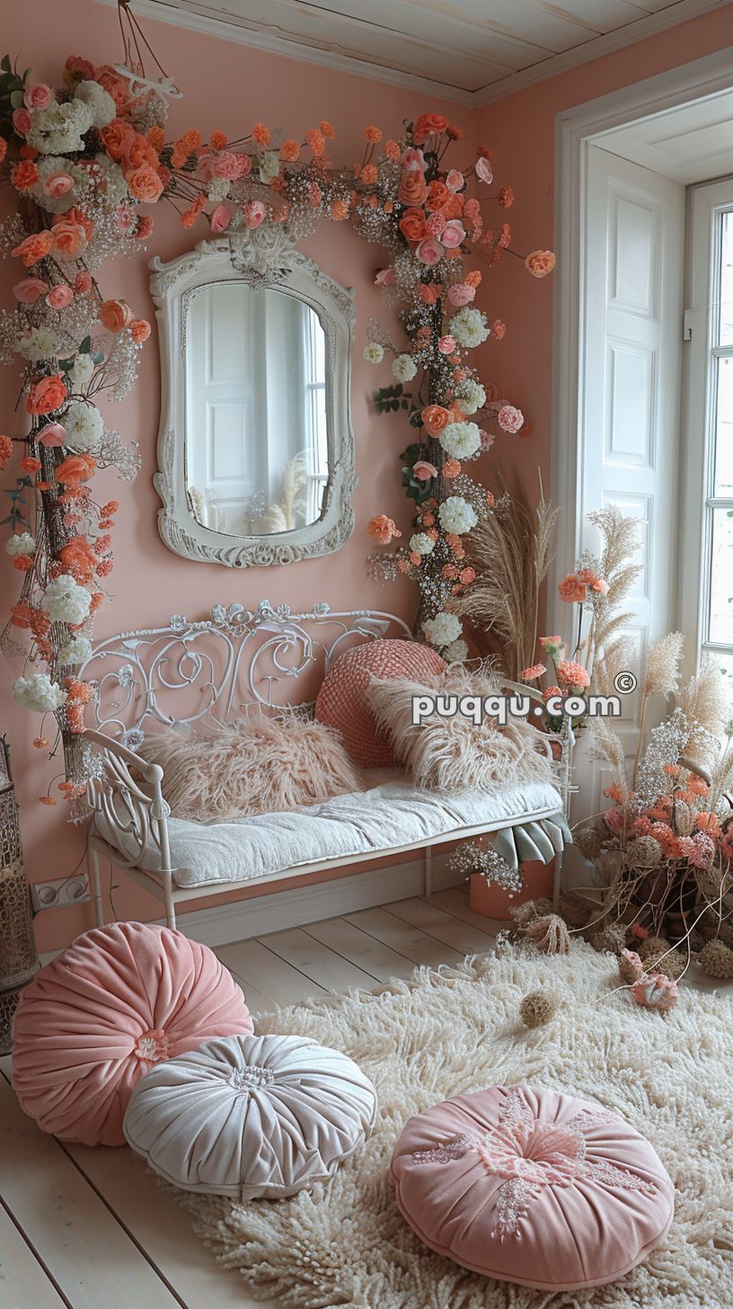Floral-themed room with a white bench adorned with pink and fluffy pillows, a large ornate mirror surrounded by flowers, and round cushions on a textured rug.