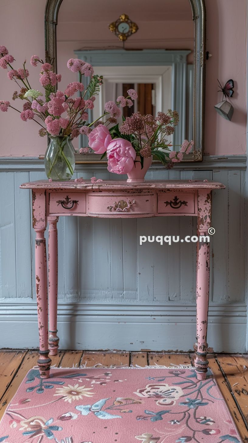 Distressed pink console table with floral arrangements in a vase, placed in front of an ornate mirror on a pastel pink and gray wall, and a floral-patterned rug on a wooden floor.