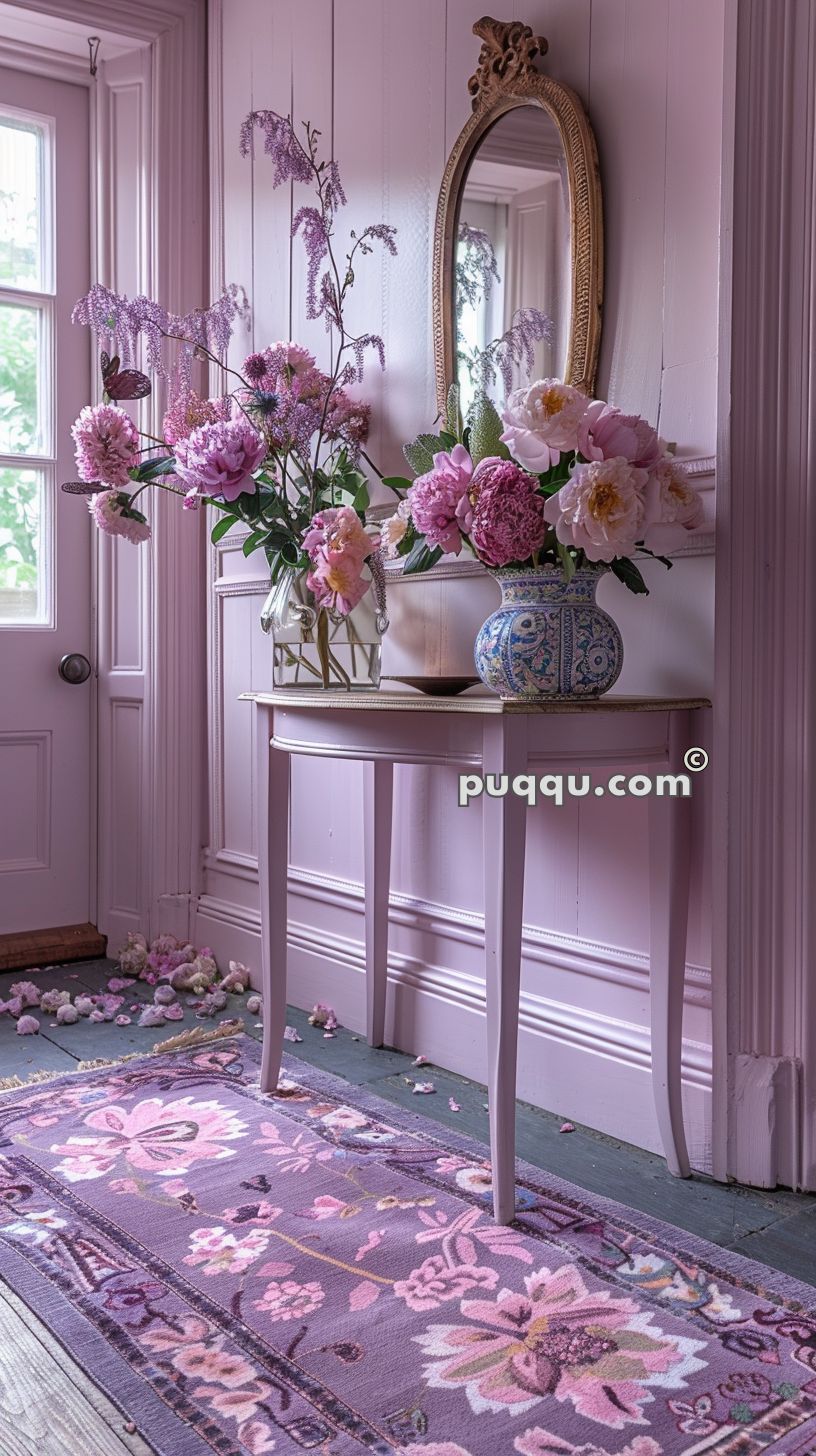 Table with vases of pink flowers and a mirror in a lavender-themed room.